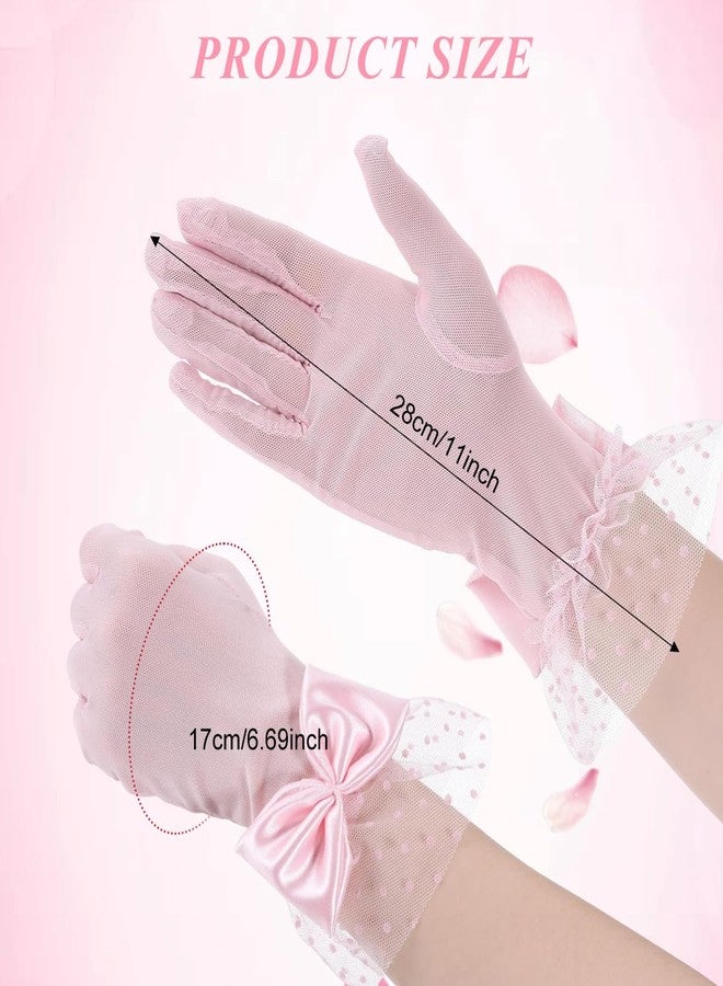PATPAT® 1 Pair Pink Lace Gloves for Women, Bridal Elegant Gown Net Gloves for Women with Bow and Lace Cuff, Adult Ladies Elegant Mittens for Wedding Party Festival Photography Formal Gown Accessories - Image 2